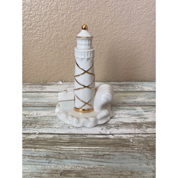 Lenox Porcelain Lighthouse Figurine with 24k Gold Trim | Ivory Coastal Miniature - Picture 4 of 10